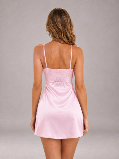 Pink Spaghetti Strap Pleated Stretch Satin A-Line Mini Homecoming Dress