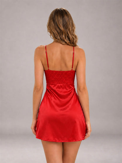 Red Spaghetti Strap Pleated Stretch Satin A-Line Mini Homecoming Dress