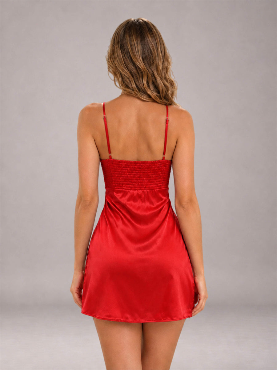 Red Spaghetti Strap Pleated Stretch Satin A-Line Mini Homecoming Dress