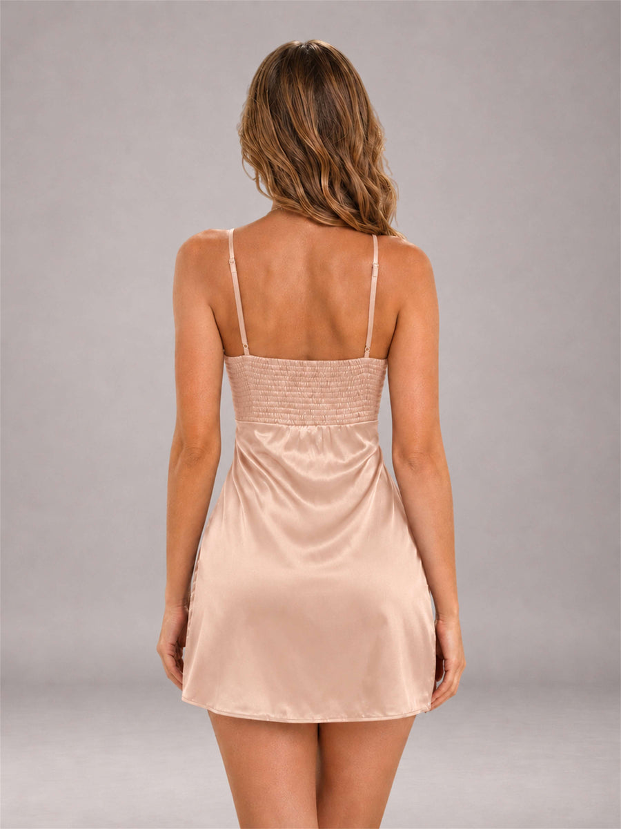 Rose Gold Spaghetti Strap Pleated Stretch Satin A-Line Mini Homecoming Dress