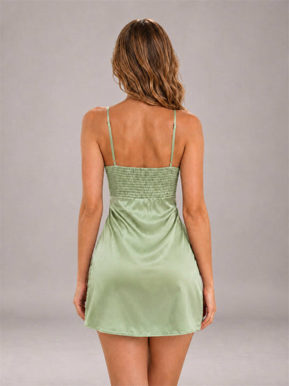 Sage Green Spaghetti Strap Pleated Stretch Satin A-Line Mini Homecoming Dress