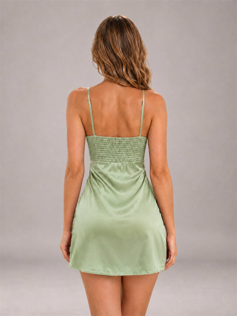 Sage Green Spaghetti Strap Pleated Stretch Satin A-Line Mini Homecoming Dress