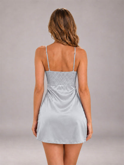 Silver Spaghetti Strap Pleated Stretch Satin A-Line Mini Homecoming Dress