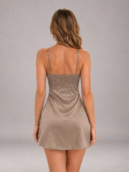 Taupe Spaghetti Strap Pleated Stretch Satin A-Line Mini Homecoming Dress