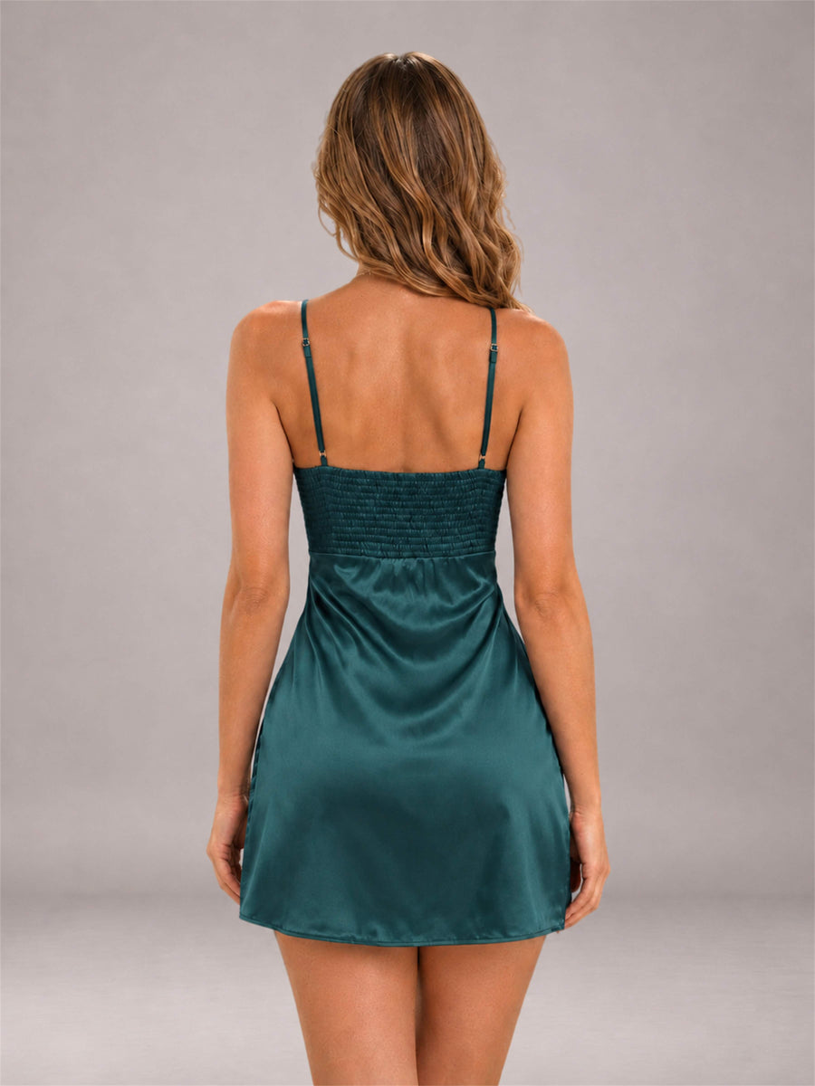 Teal Spaghetti Strap Pleated Stretch Satin A-Line Mini Homecoming Dress