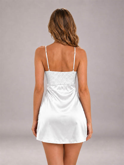 White Spaghetti Strap Pleated Stretch Satin A-Line Mini Homecoming Dress