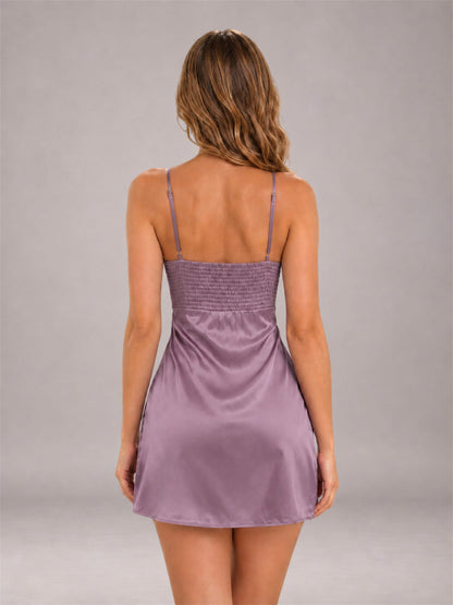 Wisteria Spaghetti Strap Pleated Stretch Satin A-Line Mini Homecoming Dress