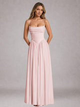 Free Shipping Spaghetti Straps Cowl Neck A-Line Long Chiffon Bridesmaid Dress with Lace-Up Back