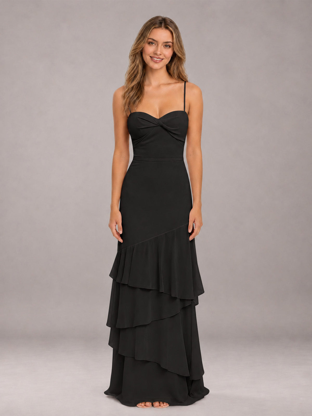 Black Spaghetti Straps Ruffled Chiffon Floor Length Bridesmaid Dress