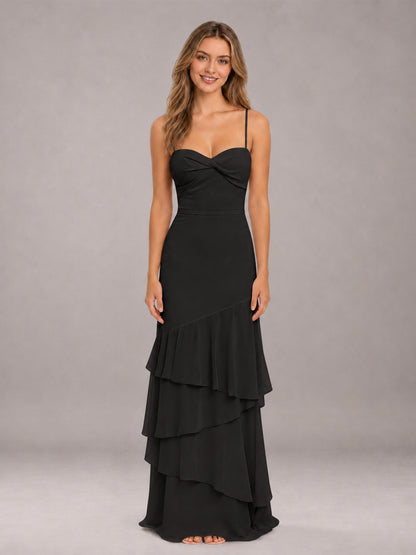 Black Spaghetti Straps Ruffled Chiffon Floor Length Bridesmaid Dress