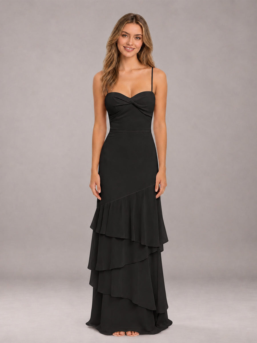 Black Spaghetti Straps Ruffled Chiffon Floor Length Bridesmaid Dress