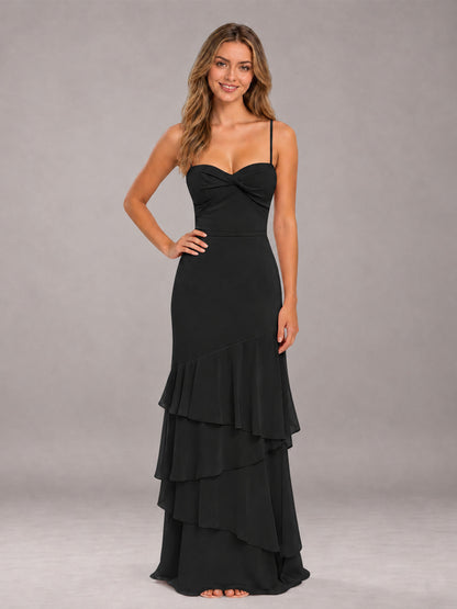 Black Spaghetti Straps Ruffled Chiffon Floor Length Bridesmaid Dress