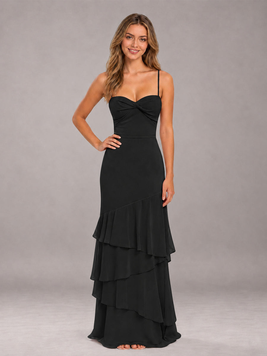 Black Spaghetti Straps Ruffled Chiffon Floor Length Bridesmaid Dress