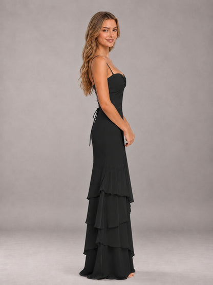 Black Spaghetti Straps Ruffled Chiffon Floor Length Bridesmaid Dress