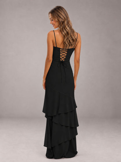 Black Spaghetti Straps Ruffled Chiffon Floor Length Bridesmaid Dress