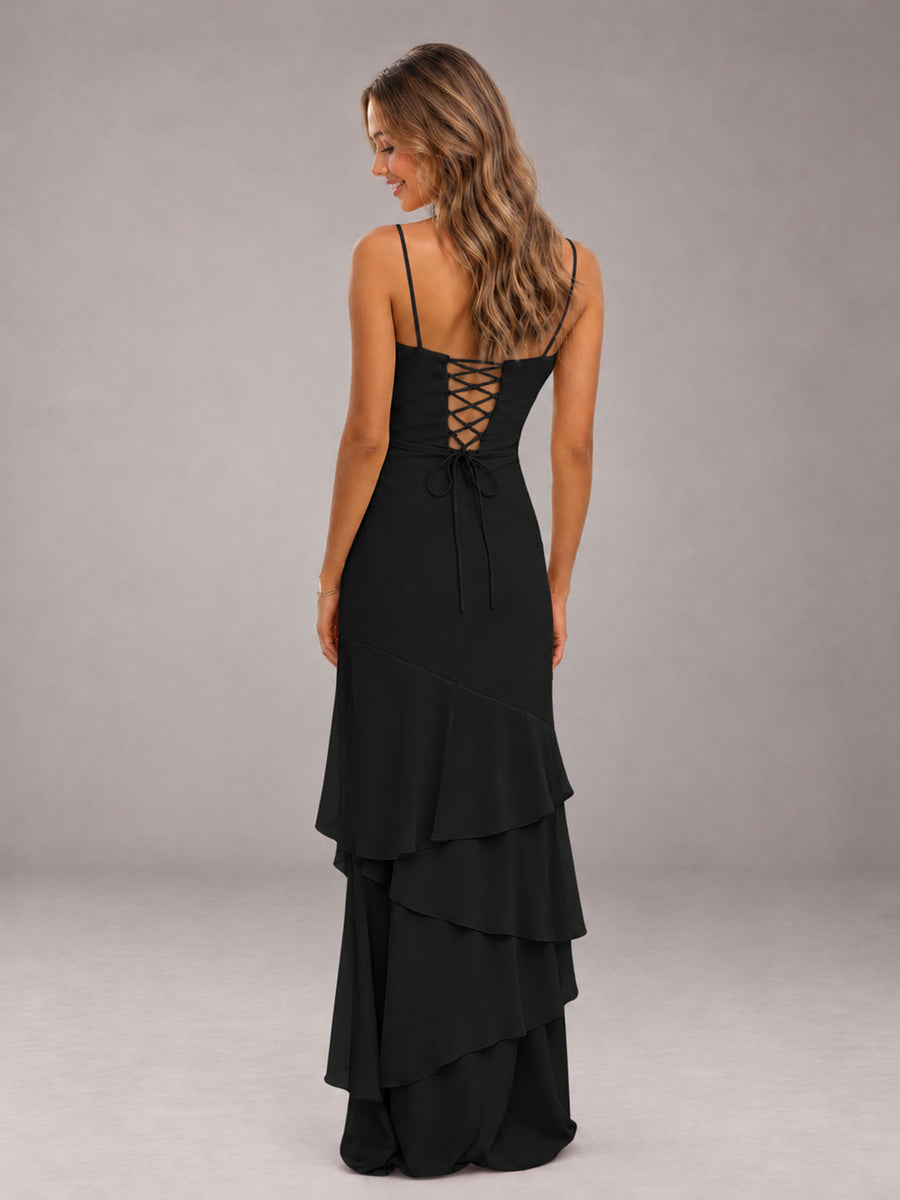 Black Spaghetti Straps Ruffled Chiffon Floor Length Bridesmaid Dress
