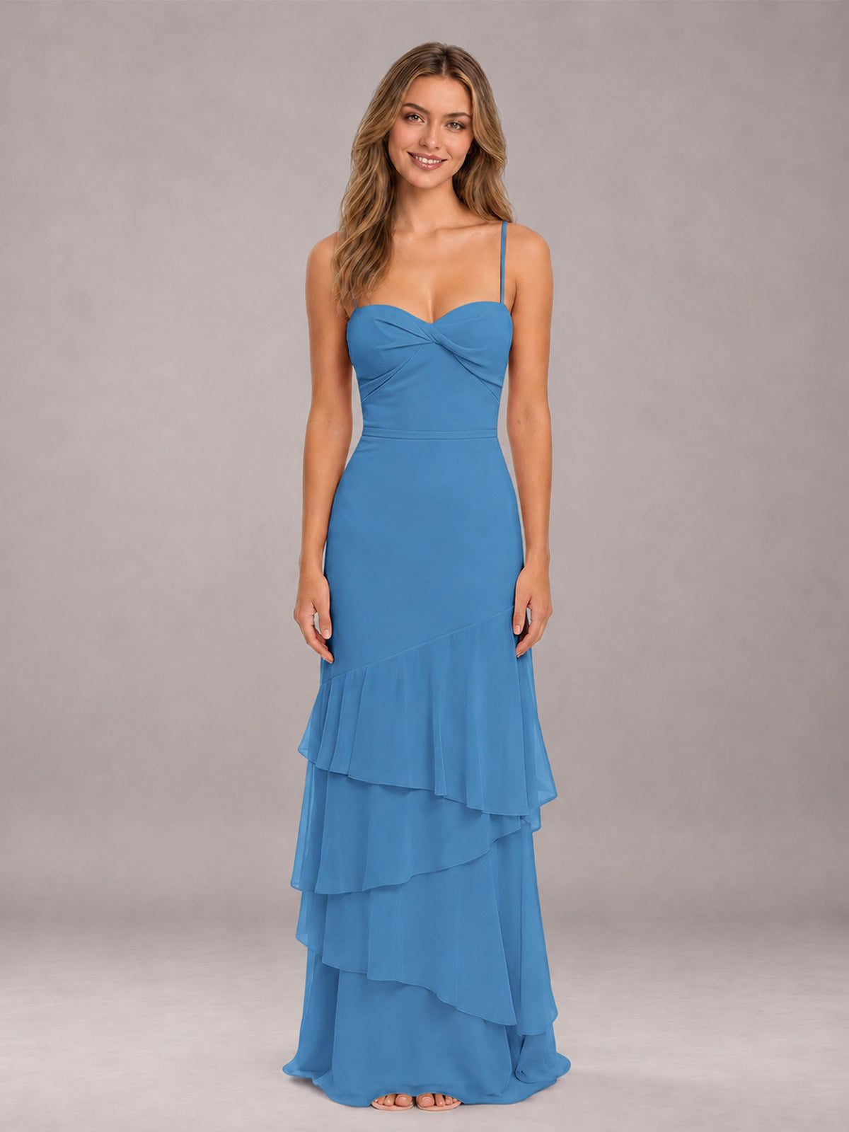 Blue Spaghetti Straps Ruffled Chiffon Floor Length Bridesmaid Dress