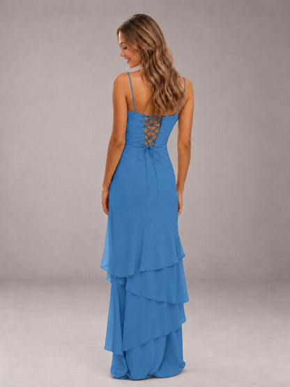 Blue Spaghetti Straps Ruffled Chiffon Floor Length Bridesmaid Dress