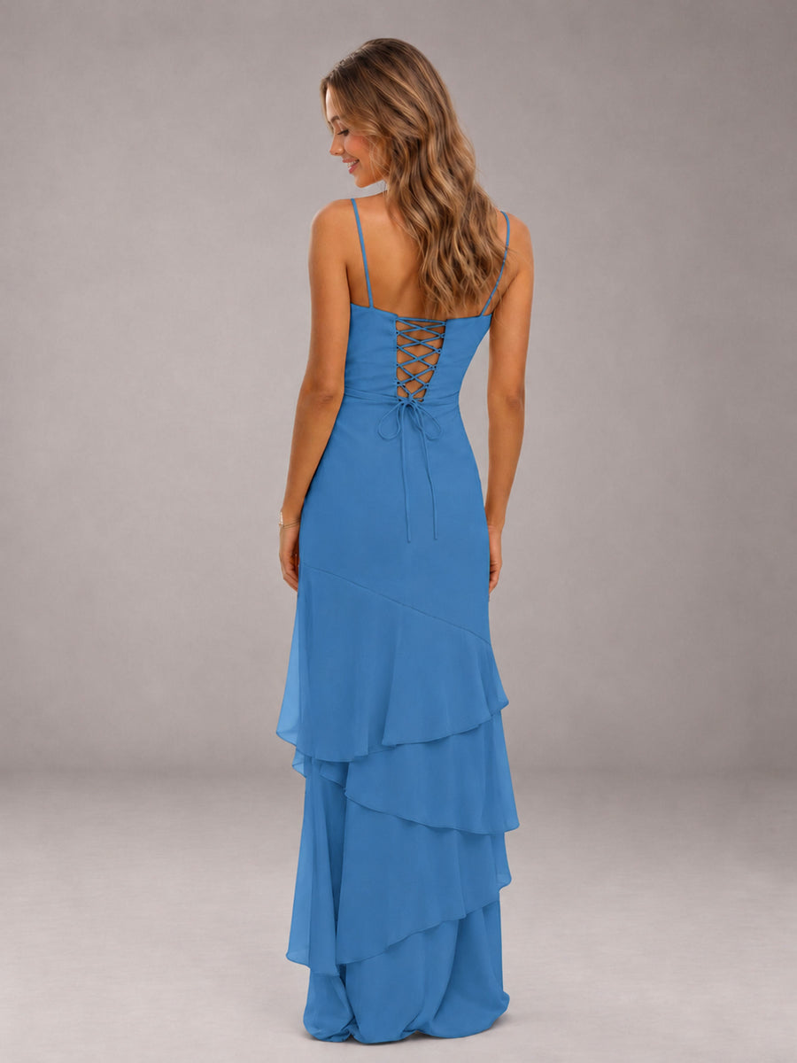 Blue Spaghetti Straps Ruffled Chiffon Floor Length Bridesmaid Dress