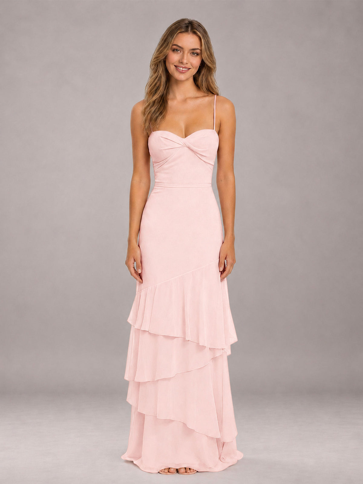 Blush Pink Spaghetti Straps Ruffled Chiffon Floor Length Bridesmaid Dress