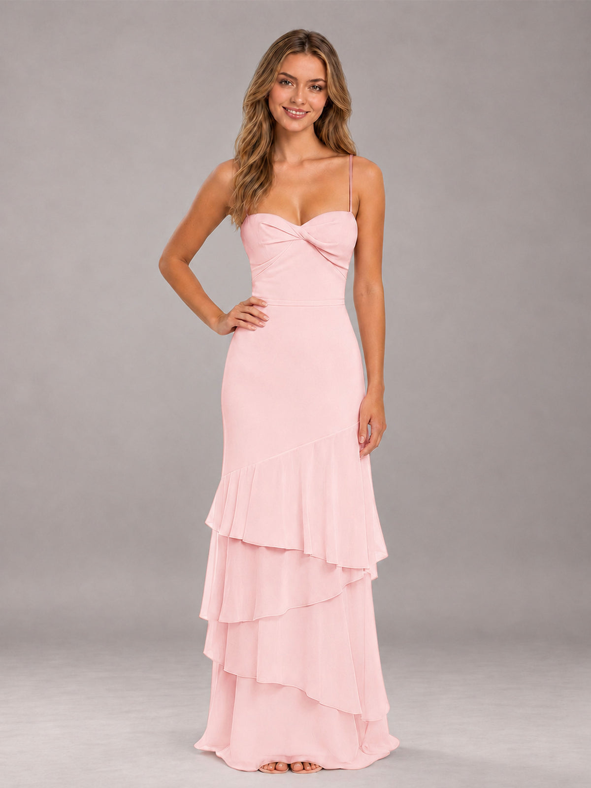 Blush Pink Spaghetti Straps Ruffled Chiffon Floor Length Bridesmaid Dress
