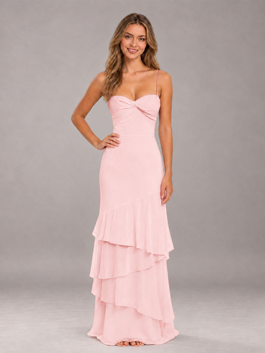 Blush Pink Spaghetti Straps Ruffled Chiffon Floor Length Bridesmaid Dress