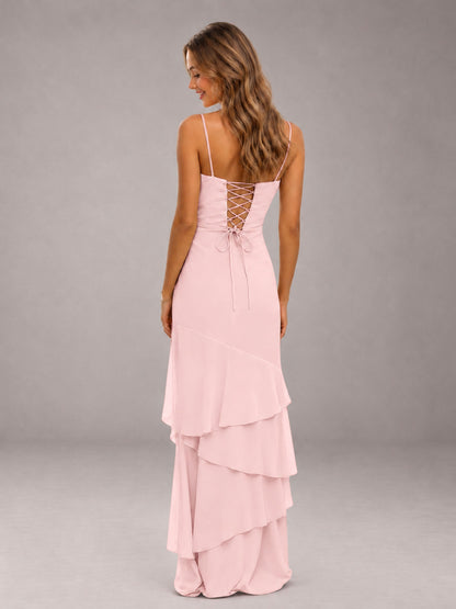 Blush Pink Spaghetti Straps Ruffled Chiffon Floor Length Bridesmaid Dress