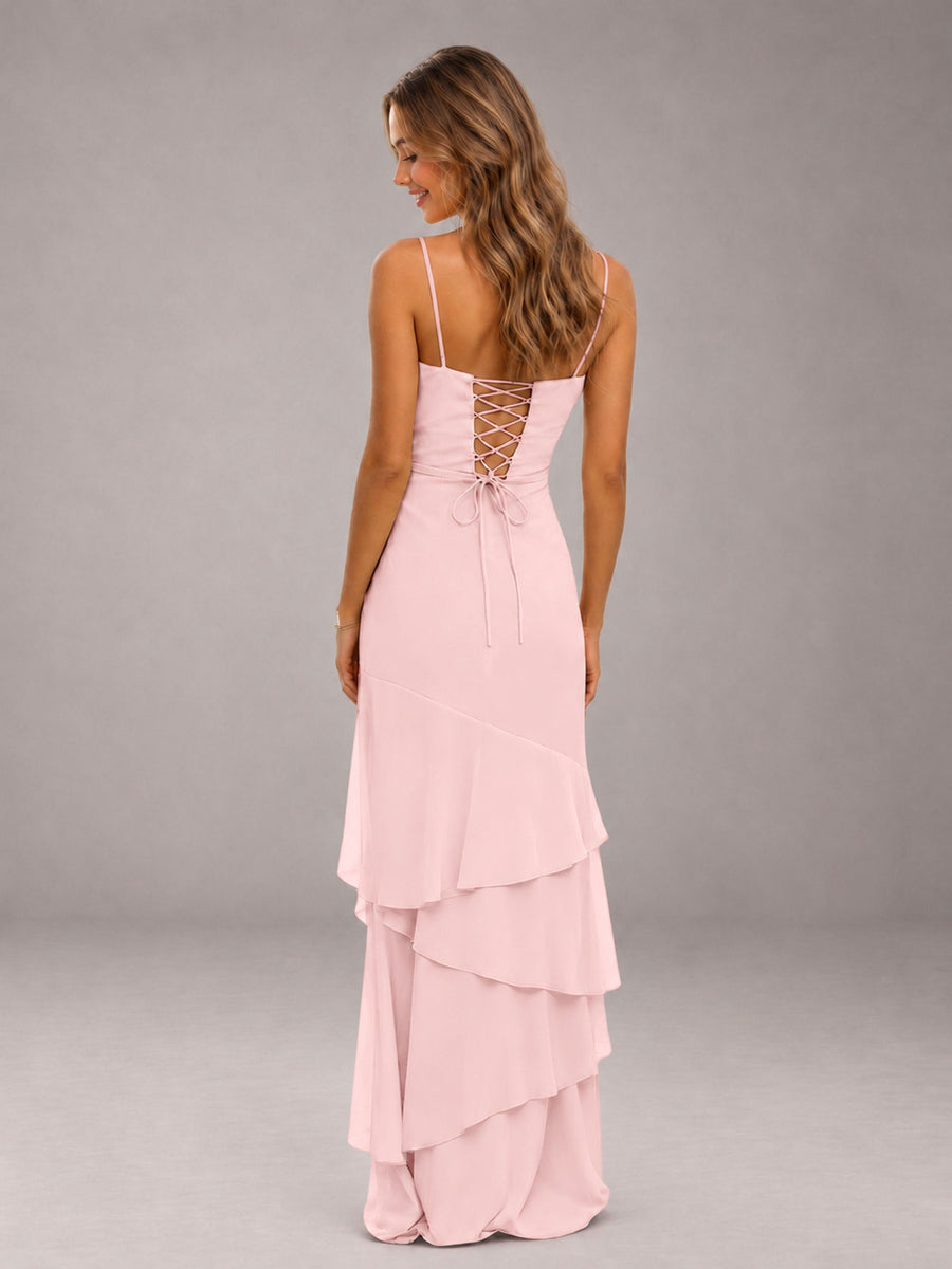 Blush Pink Spaghetti Straps Ruffled Chiffon Floor Length Bridesmaid Dress