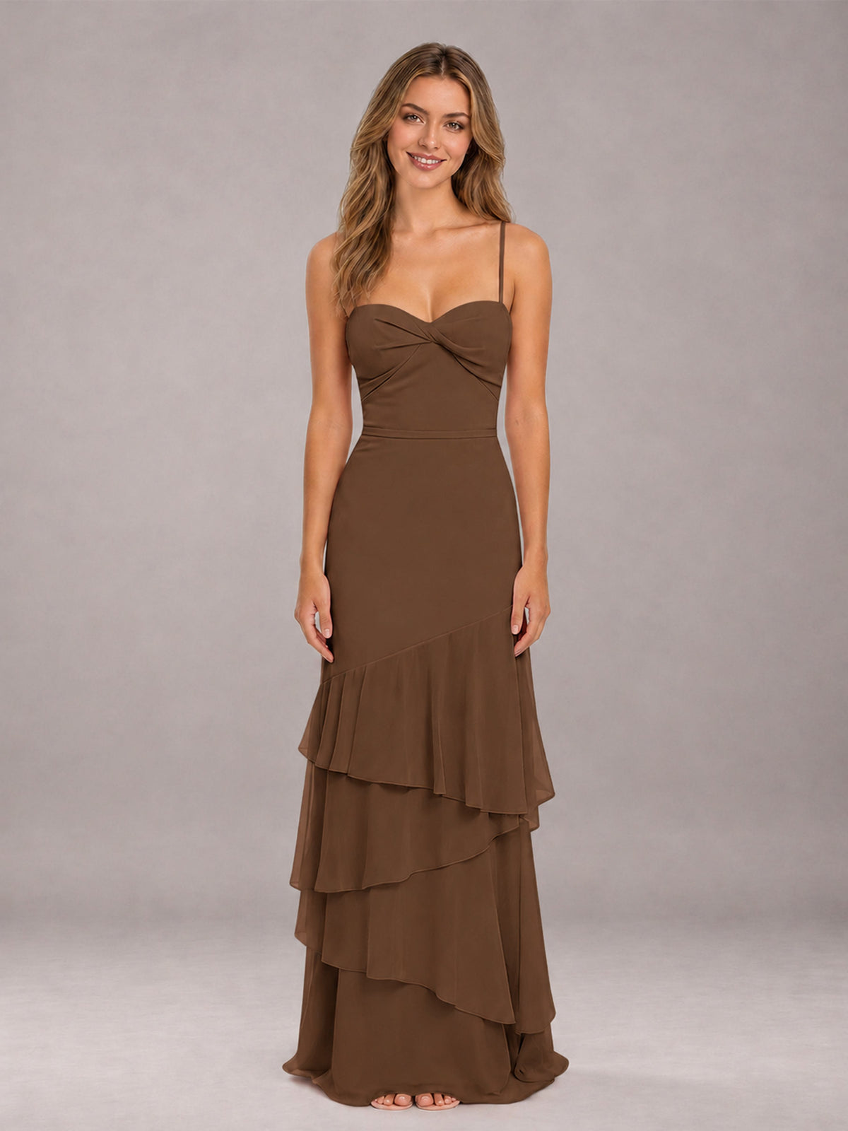 Brown Spaghetti Straps Ruffled Chiffon Floor Length Bridesmaid Dress