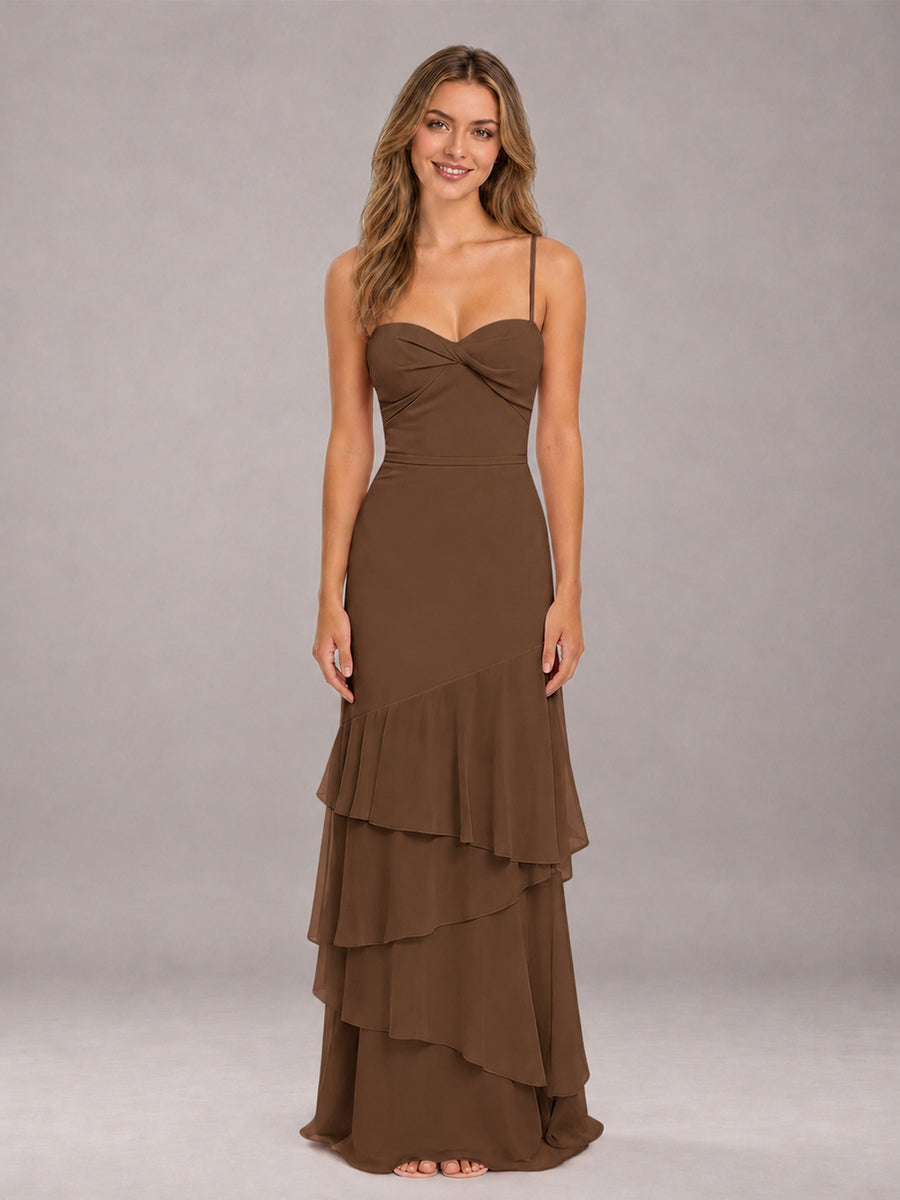 Brown Spaghetti Straps Ruffled Chiffon Floor Length Bridesmaid Dress