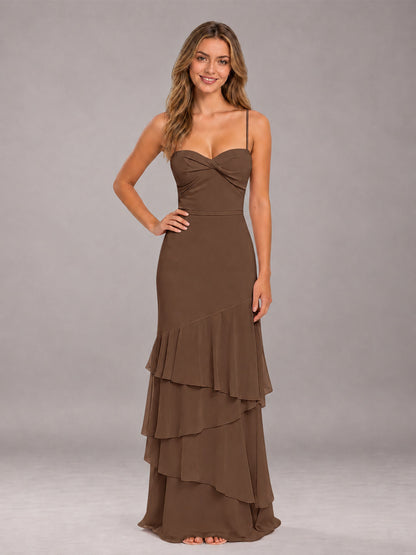 Brown Spaghetti Straps Ruffled Chiffon Floor Length Bridesmaid Dress