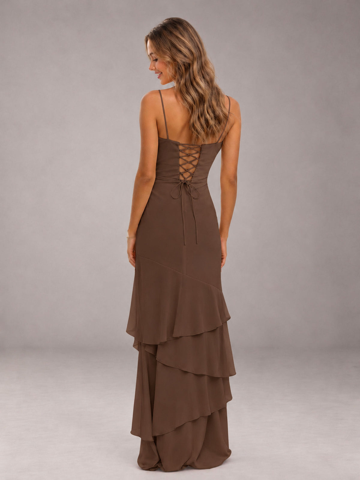 Brown Spaghetti Straps Ruffled Chiffon Floor Length Bridesmaid Dress