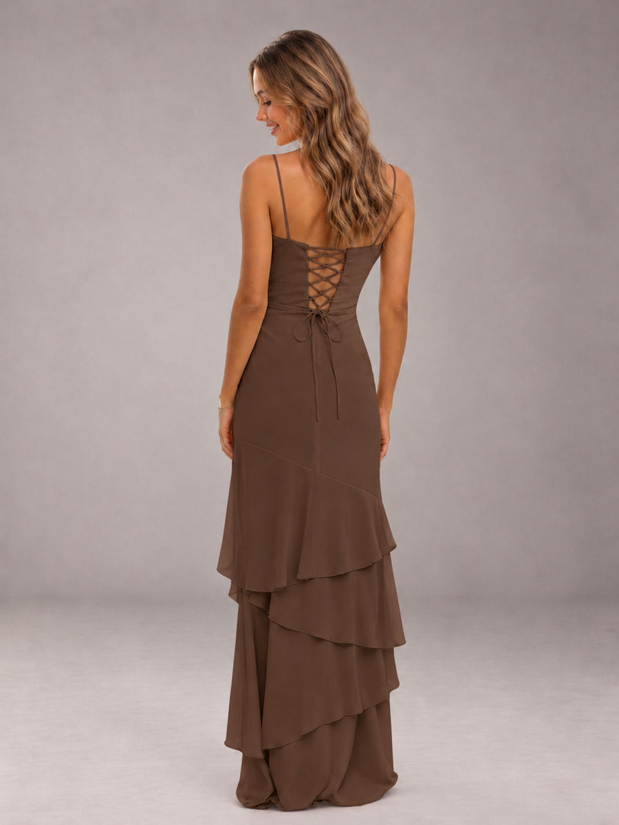 Brown Spaghetti Straps Ruffled Chiffon Floor Length Bridesmaid Dress