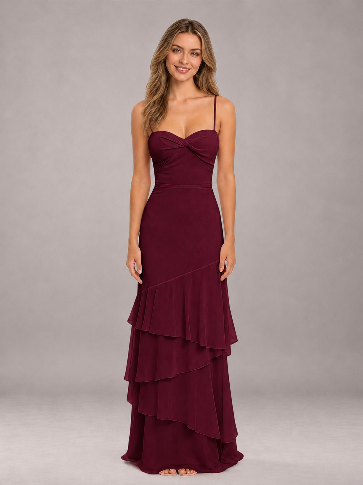 Burgundy Spaghetti Straps Ruffled Chiffon Floor Length Bridesmaid Dress