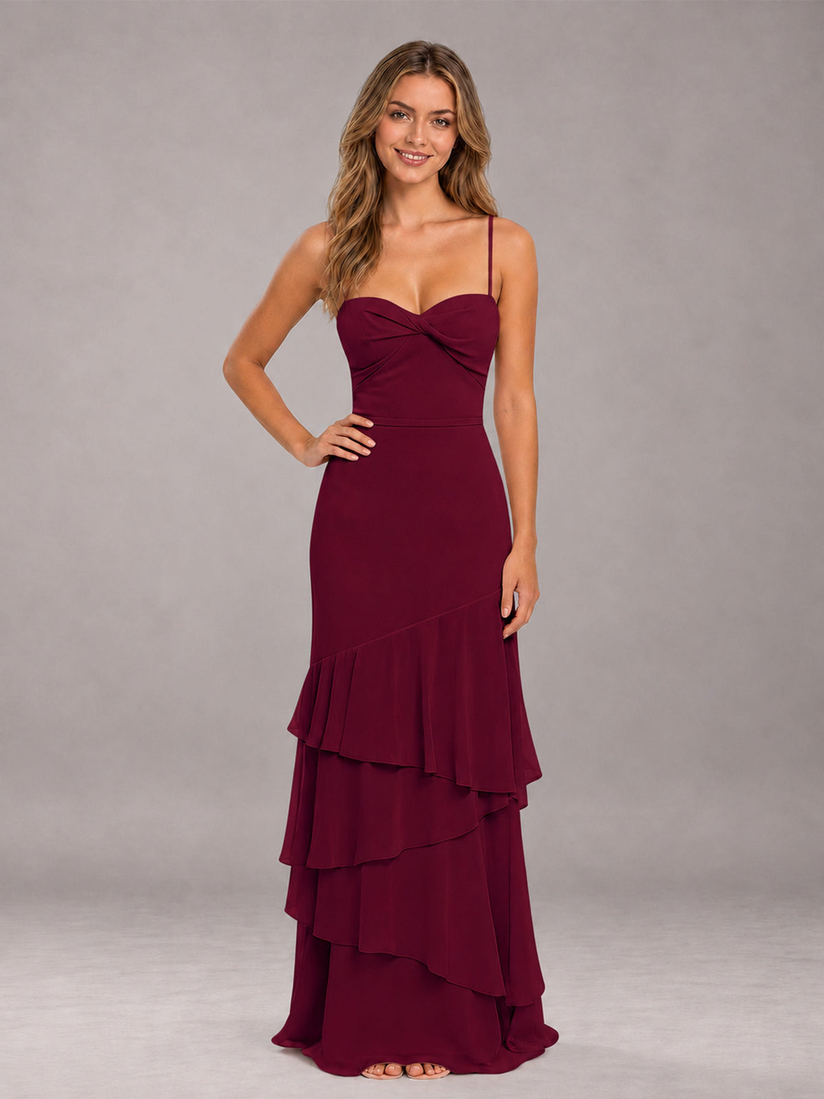 Burgundy Spaghetti Straps Ruffled Chiffon Floor Length Bridesmaid Dress