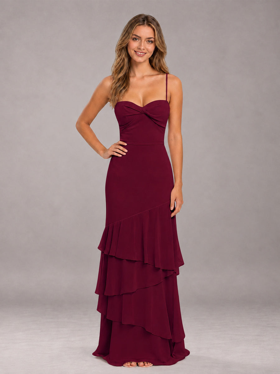 Burgundy Spaghetti Straps Ruffled Chiffon Floor Length Bridesmaid Dress