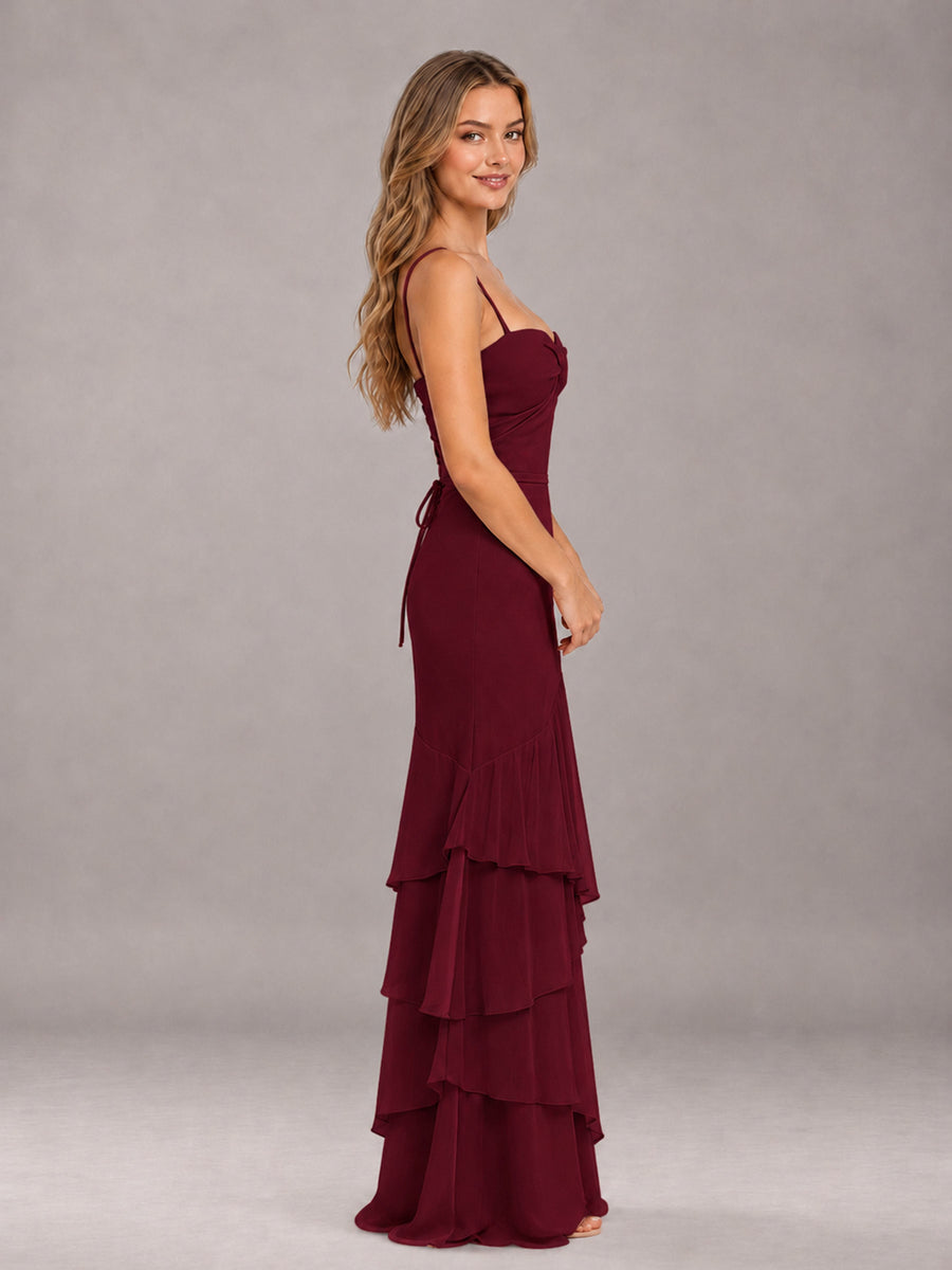 Burgundy Spaghetti Straps Ruffled Chiffon Floor Length Bridesmaid Dress