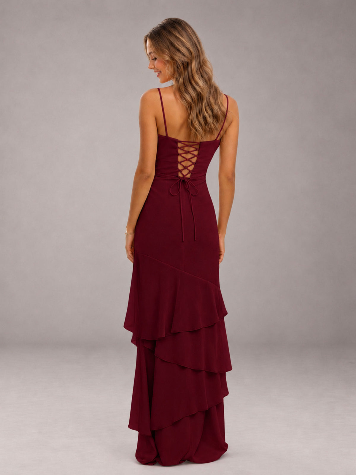 Burgundy Spaghetti Straps Ruffled Chiffon Floor Length Bridesmaid Dress