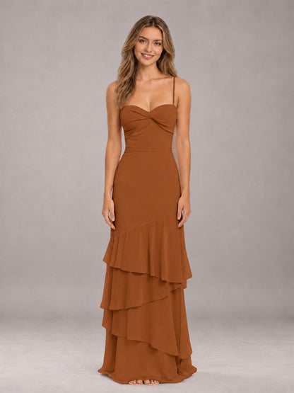 Burnt Orange Spaghetti Straps Ruffled Chiffon Floor Length Bridesmaid Dress