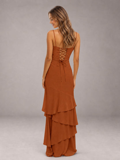 Burnt Orange Spaghetti Straps Ruffled Chiffon Floor Length Bridesmaid Dress