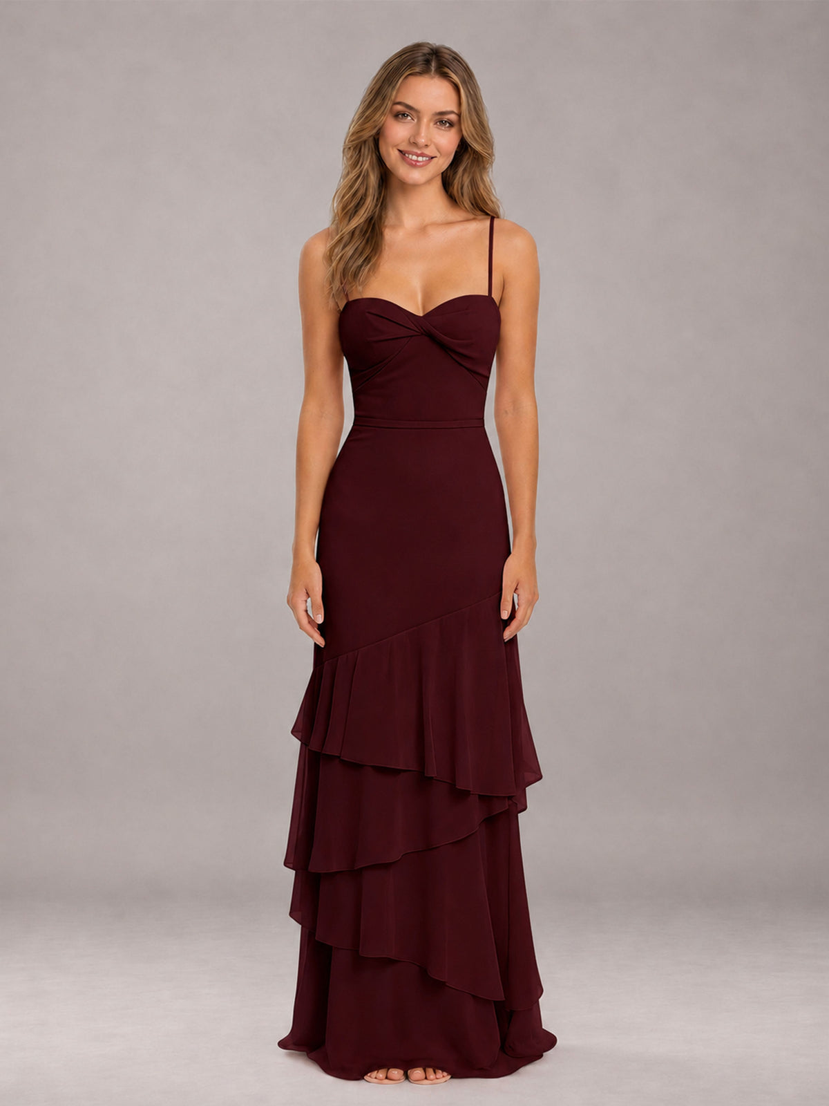 Cabernet Spaghetti Straps Ruffled Chiffon Floor Length Bridesmaid Dress