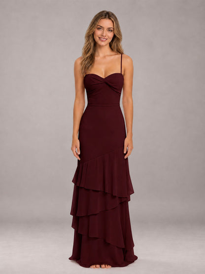 Cabernet Spaghetti Straps Ruffled Chiffon Floor Length Bridesmaid Dress