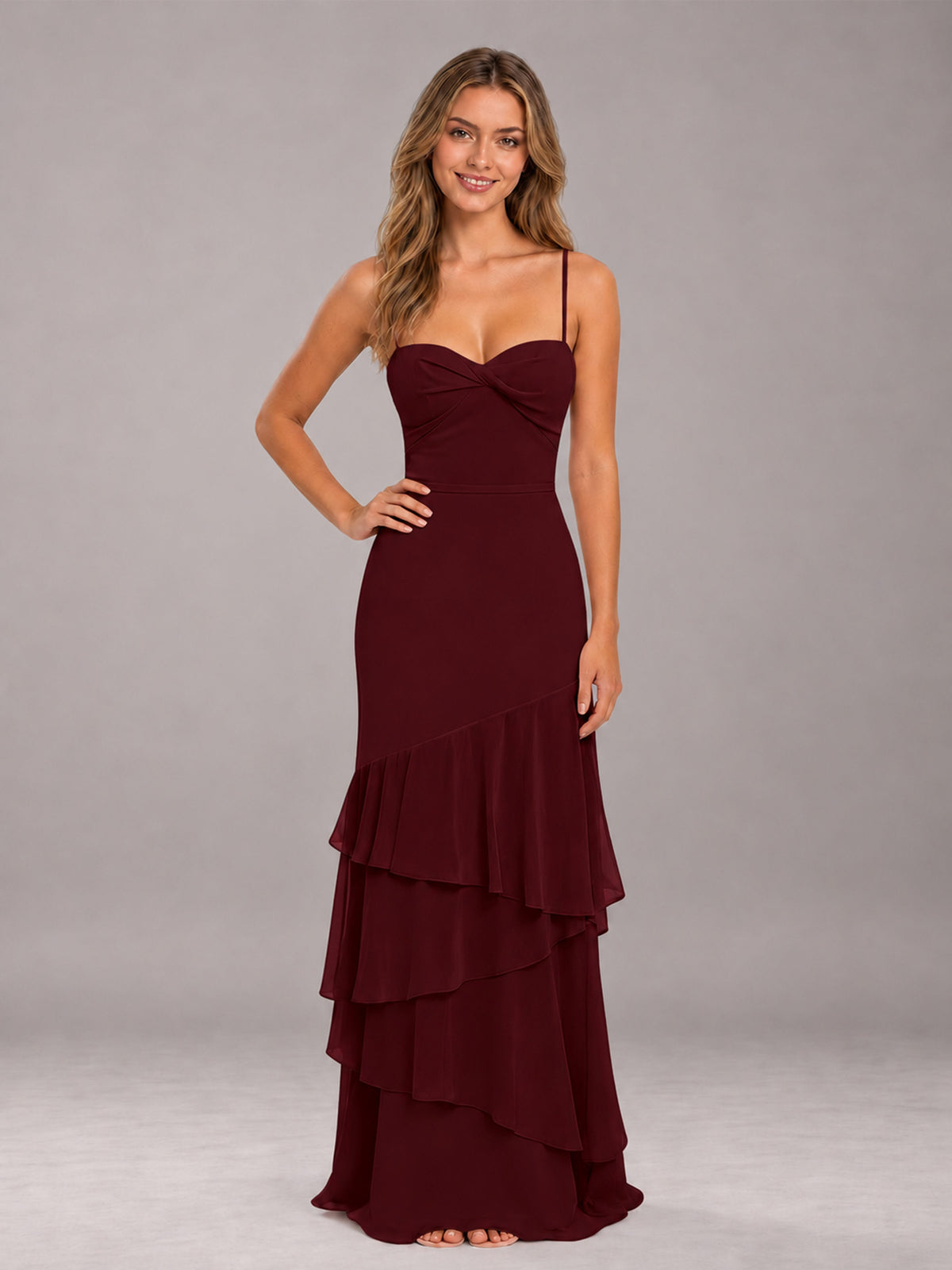 Cabernet Spaghetti Straps Ruffled Chiffon Floor Length Bridesmaid Dress