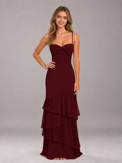 Cabernet Spaghetti Straps Ruffled Chiffon Floor Length Bridesmaid Dress