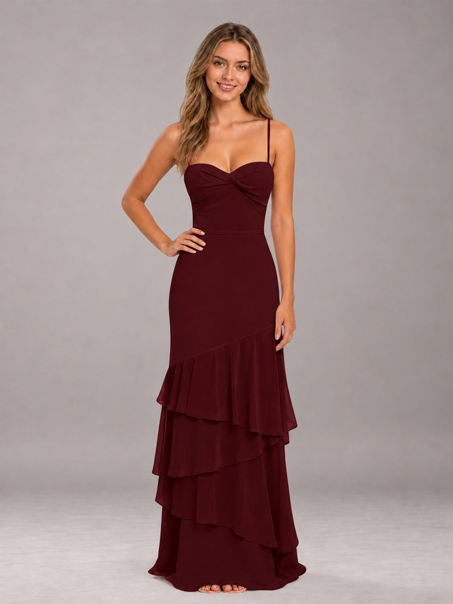 Cabernet Spaghetti Straps Ruffled Chiffon Floor Length Bridesmaid Dress