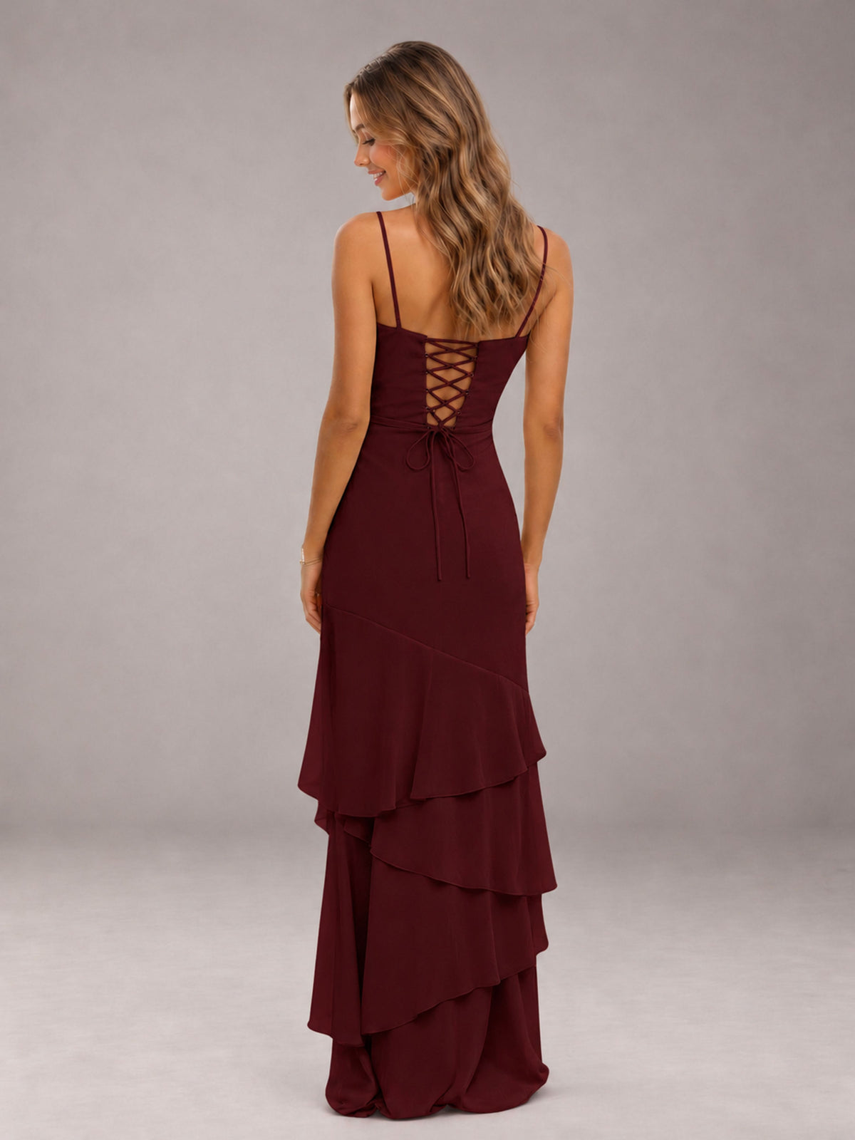 Cabernet Spaghetti Straps Ruffled Chiffon Floor Length Bridesmaid Dress