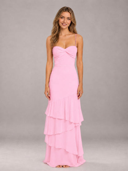 Candy Pink Spaghetti Straps Ruffled Chiffon Floor Length Bridesmaid Dress