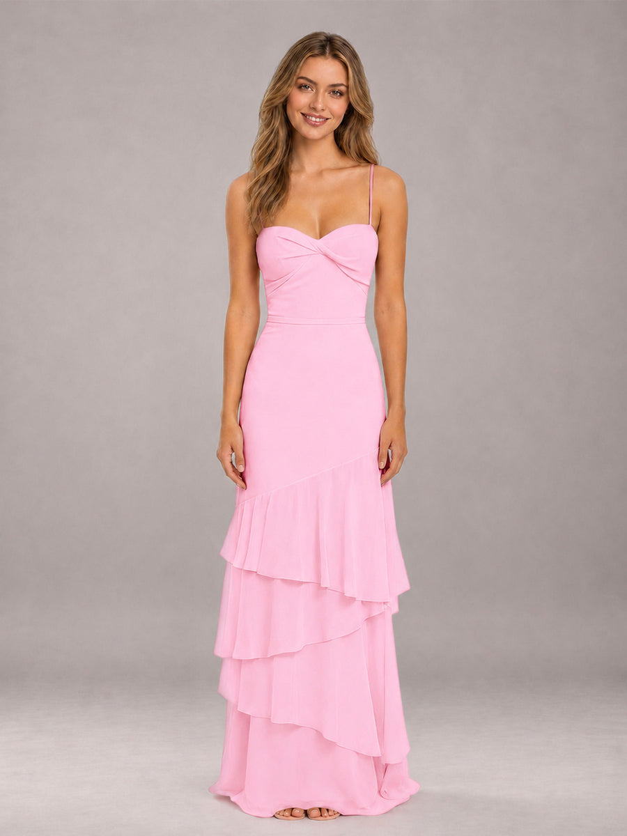 Candy Pink Spaghetti Straps Ruffled Chiffon Floor Length Bridesmaid Dress