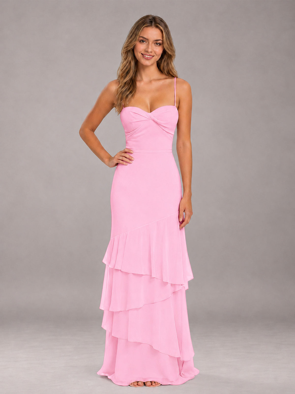 Candy Pink Spaghetti Straps Ruffled Chiffon Floor Length Bridesmaid Dress
