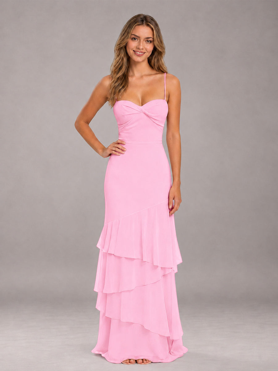 Candy Pink Spaghetti Straps Ruffled Chiffon Floor Length Bridesmaid Dress